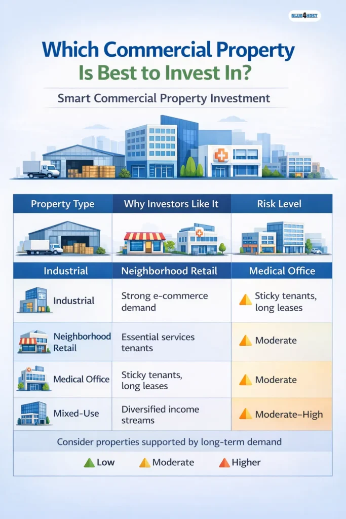 Side-by-side infographic showing industrial, neighborhood retail, medical office, and mixed-use properties with investment appeal and risk indicators.